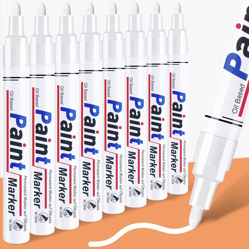DAPAWIN White Permanent Marker Waterproof - 8 White Paint Markers for Metal Surfaces Tire Black Paper Wood Plastic Rocks Fabric  White Marker Permanent  Oil Based Paint Markers White Medium Tip - Image 1